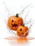 3D Realistic Orange spooky Halloween Pumpkins in Perfect Harmony,with drops of water .