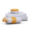 3d realistic pack of white towels. Plastic bottle with dispenser for different liquids