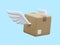 3d realistic parcel with wings isolated on blue background. Cardboard boxes for delivery service concept in cartoon style. Vector