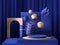 3d realistic pedestal on blue background with gold elements, disk podium with spheres, rings and boxes, abstract minimal