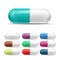 3D Realistic Pills Set Vector. Colored Painkiller, Pharmaceutical Antibiotics. Color Medicine Capsule Pill In Two Glossy