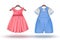 3d realistic set of baby girl and baby boy clothes on a hanger. Pink dress and blue romper. Isolated on white background