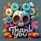 3D realistic Spooky Pumpkin Skul surrounded by blue and white pumpkins, flowers and colorful autumn leaves.