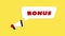 3d realistic style megaphone icon with text Bonus isolated on yellow background. Megaphone with speech bubble and bonus