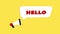 3d realistic style megaphone icon with text Hello isolated on yellow background. Megaphone with speech bubble and hello