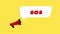 3d realistic style megaphone icon with text Sos isolated on yellow background. Megaphone with speech bubble and sos text