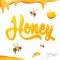 3d realistic text inscription honey with bees flying around and flowing honey