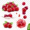3d realistic transparent isolated vector set, cranberry with leaves, cranberry in a splash of juice with drops, cranberries in a