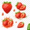 3d realistic transparent isolated vector set, whole and slice of strawberry, strawberry in a splash of juice with drops,