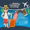 3D Realistic Travel and Tour creative Poster Design with realistic airplane, mascot man character, world map, passport