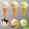 3d realistic vector ice cream scoops in a waffle cones melted chocolate, vanilla flower and sticks, pistachios