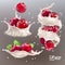 3D realistic vector set of different splashes of milk or yogurt with cranberry and leaves