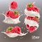3D realistic vector set of different splashes of milk or yogurt with whole and halved raspberry pieces