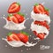 3D realistic vector set of different splashes of milk or yogurt with whole and halved strawberry pieces