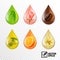 3d realistic vector transparent drops oil with taste and aroma: tea, rose, coffee, olive, orange, vanilla. Editable handmade mesh