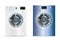 3d realistic vector washers. Realistic white and blue steel front loading washing machines on a white background. Front