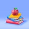 3D Red Apple on Stack of Paper Books Isolated.