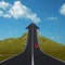 3D red car on arrow road pointing up,upward over a mountain to sky square background
