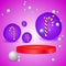 3d red circle podium. winter purple background with candy cane and snowflakes