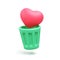 3D red heart symbol discarded in green trash can on white background. being abandoned by a lover, heartbroken, unrequited.