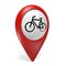 3D red map pointer icon with a bicycle symbol for bike rentals and cycling