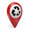 3D red map pointer icon with a recycling symbol for renewable waste