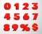3D red numbers  percent  dollar sign set. Volumetric digits from zero to nine