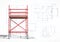 3D red scaffolding with white and blueprint background