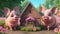3D render, 3 little pigs in front of wooden house with flowers