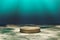 3d render Abstact stage podium background, Round podium on the sand in underwater backdrop light for product display, mock up and