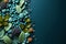 3d render, abstract background with blue and turquoise stones and green leaves