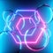 3d render, abstract background with glass balls and glowing laser hexagon, translucent bubbles and pink blue neon light