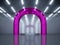 3d render, abstract background, glossy metallic arch with light reflections, small podium under the pink chrome curvy tube