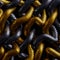 3d render, abstract background with tangled and interlaced golden and black snakes, metallic scales texture.