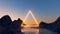 3d render, abstract background with triangular geometric frame and mystic landscape. Rocks and water, sunset or sunrise. Modern