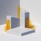 3d render, abstract background with white concrete blocks, broken stone ruins and yellow glass pieces. Modern minimal showcase