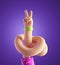 3d render, abstract cartoon character flexible boneless knotted hand, funny body part concept, victory gesture, isolated on violet