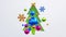 3d render, abstract Christmas tree niche filled with assorted ornaments, pink blue and gold glass balls, star and metallic