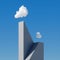 3d render, abstract cloudscape on a sunny day, white cloud hangs above the high concrete stairs, skyscraper under the blue sky.