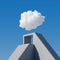 3d render, abstract cloudscape on a sunny day, white cloud levitates above the concrete stairs, cumulus on blue sky. Modern