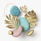 3d render, abstract composition with assorted golden leaves and geometric shapes, gold rings and pink blue pebbles isolated on