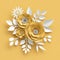 3d render, abstract craft paper flowers isolated on sunny yellow background, decorative floral arrangement, greeting card template