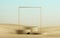 3d render, abstract desert background with minimal vacant pedestals, golden square frame. Showcase with space for product