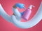 3d render, abstract doctor cartoon character flexible boneless hands wear blue latex gloves, hold sanitizer dispenser bottle