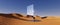 3d render, abstract fantastic panoramic background. Desert landscape with sand water and square mirror under the clear blue sky.