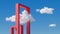 3d render, abstract fantasy cloudscape on a sunny day, white clouds fly under the red gates on the blue sky. Square portal