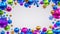 3d render, abstract fun Christmas background, blank frame decorated with assorted colorful metallic ornaments and glass balls. New