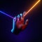 3d render, abstract futuristic concept, artificial hand holds vibrant colorful neon light glowing line. Mannequin body part