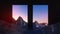 3d render, abstract futuristic panoramic background. Landscape with mountains under the sunset sky inside the rectangular