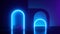 3d render, abstract geometric architectural background. Empty stage with glowing neon arches, bright blue light.